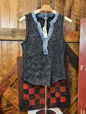 376 Mystree Washed Black Ribbed Tank with Light Denim Placket